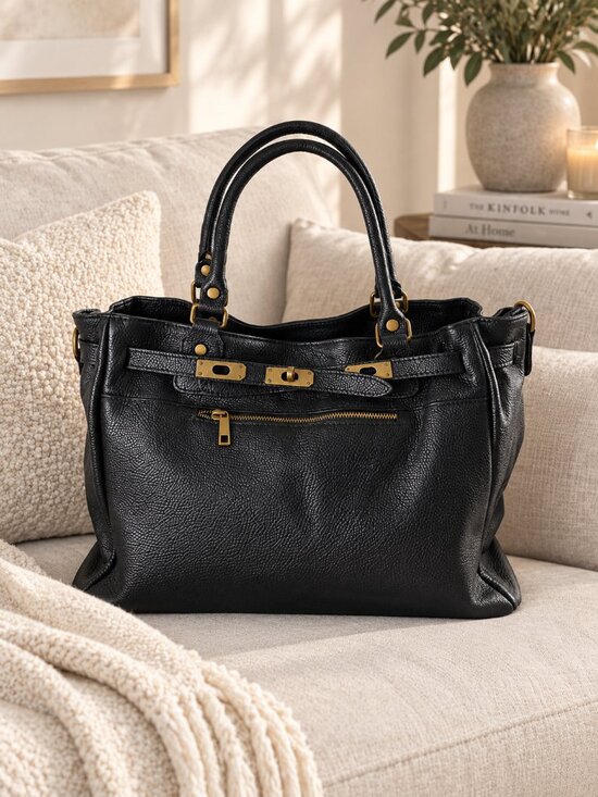 Handbags - Black Large Leather Tote Bag, Italian Genuine Leather Work Bag, Vintage Purse